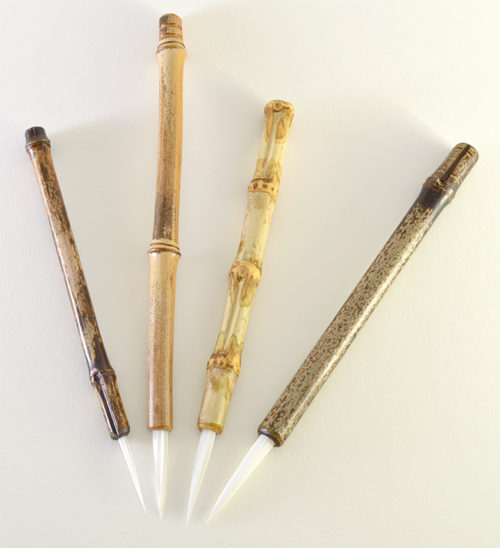 Brush set with small, medium, wangi medium, and large size 2” bristle length Stiff White Synthetic, with bamboo cane handle.